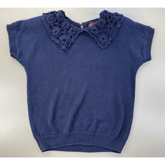 VTG Crochet Collar Short Sleeve Sweater Womens M Navy Blue Preppy GrannyCore - Picture 3 of 14